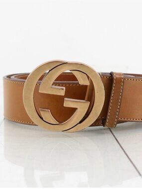 Gucci Tan Leather Belt with Gold Double G Buckle Size 80/32